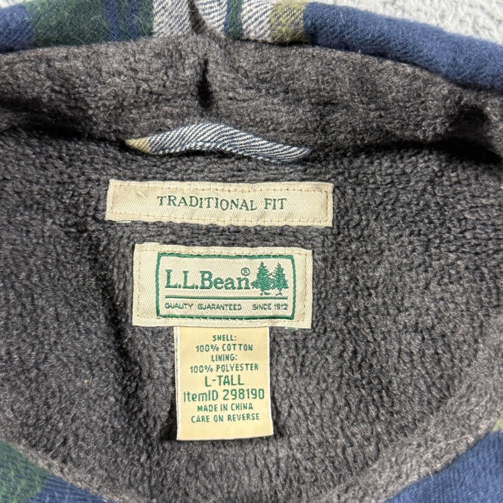 LL Bean Fleece Lined Flannel Shirt Mens L Tall Plaid Traditional Fit Overshirt - Picture 4 of 7